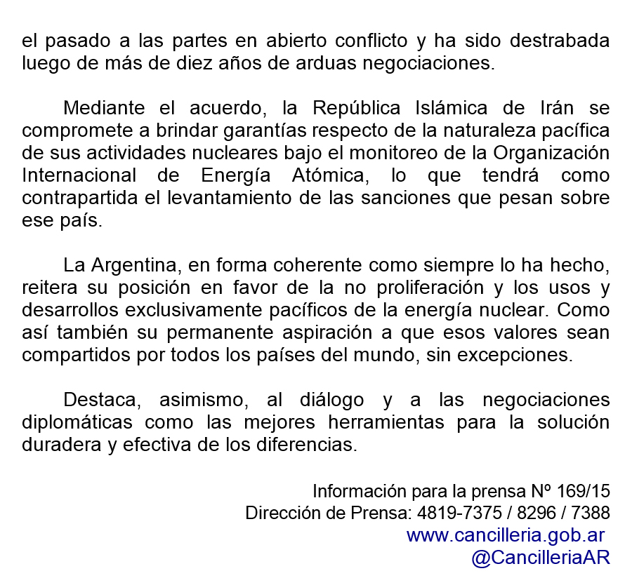 El Gobierno argentino expresa su satisfacción por el acuerdo sobre el programa nuclear iraní
